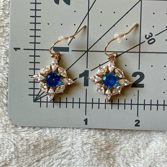 Bomb Party | Blue Center Stone and Clear Marquis Shaped CZ Gold Plated Earrings - Picture 5 of 13